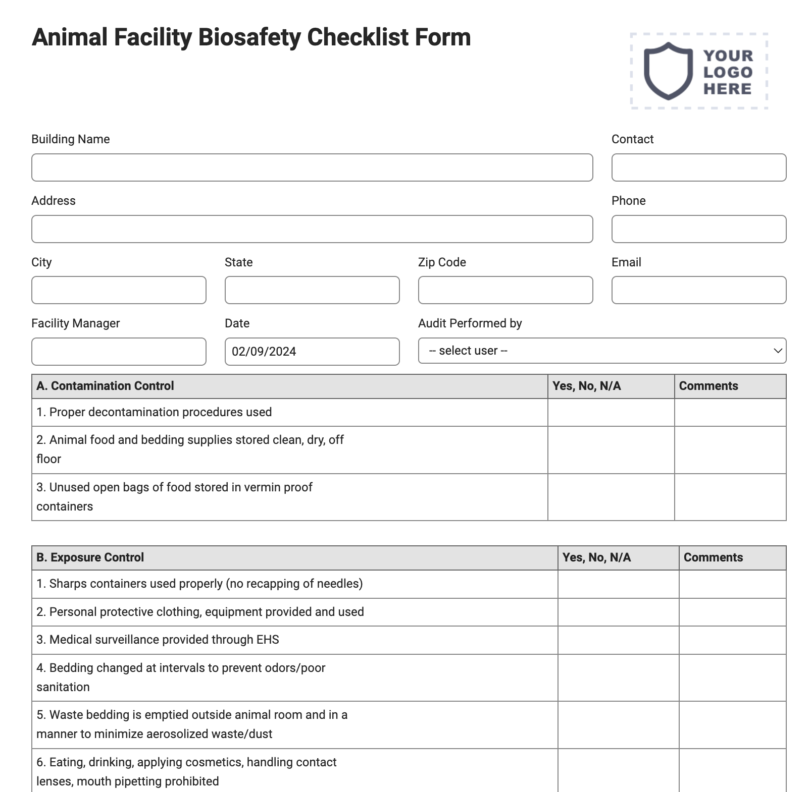 Animal Facility Biosafety Checklist Form