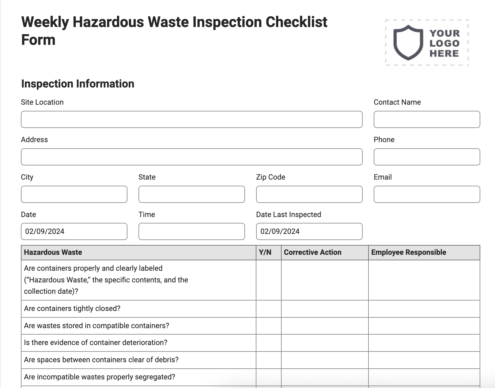 Weekly Hazardous Waste Inspection Checklist Form